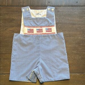 Silly Goose Smocked American Flags Blue Check Patriotic Theme Jon Jon Romper